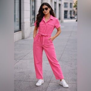 NWOT hot pink stretch denim utility jumpsuit